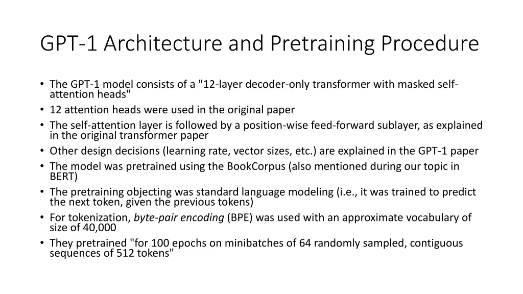 gpt 1 architecture and pretraining procedure
