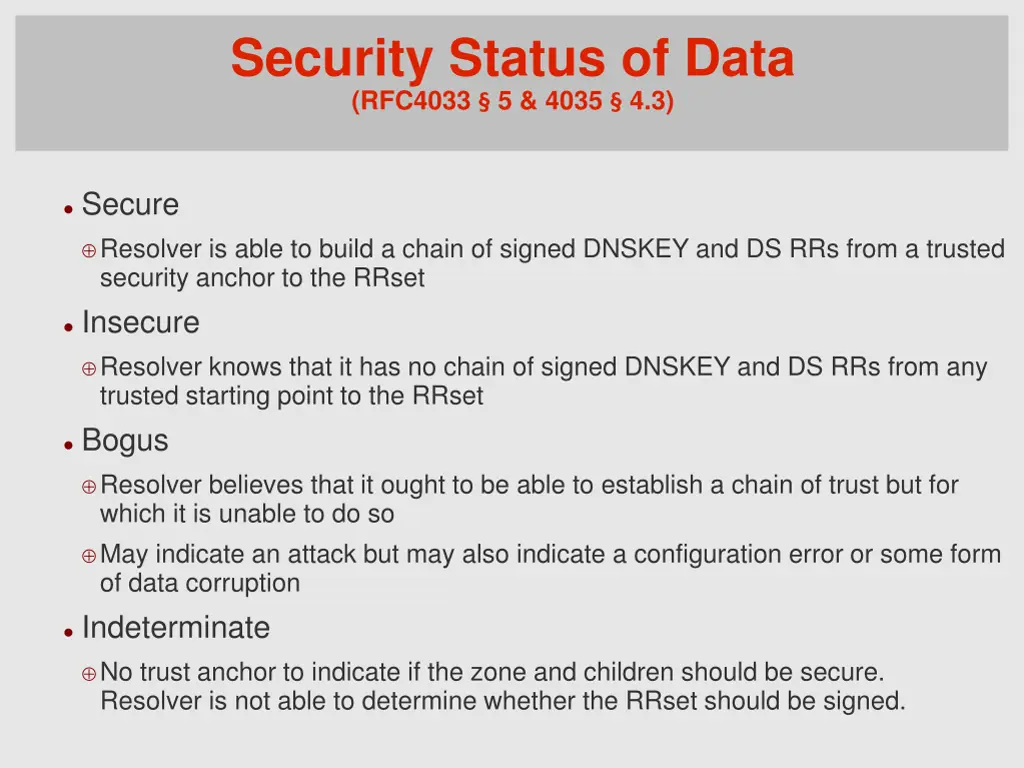 security status of data rfc4033 5 4035 4 3