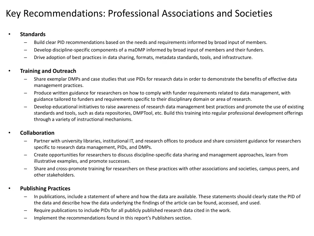 key recommendations professional associations