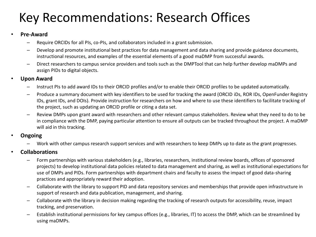 key recommendations research offices