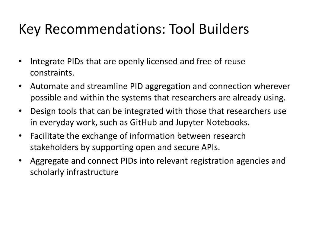 key recommendations tool builders