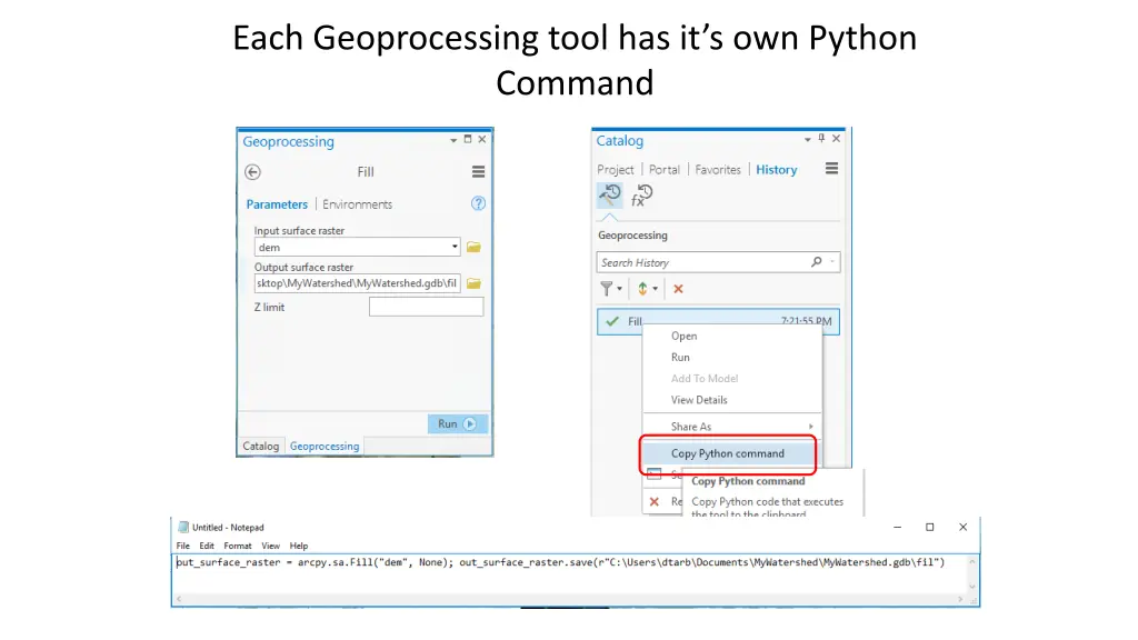 each geoprocessing tool has it s own python