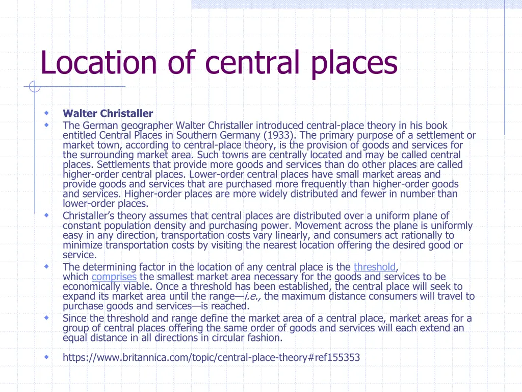 location of central places