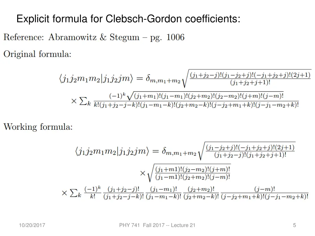 explicit formula for clebsch gordon coefficients