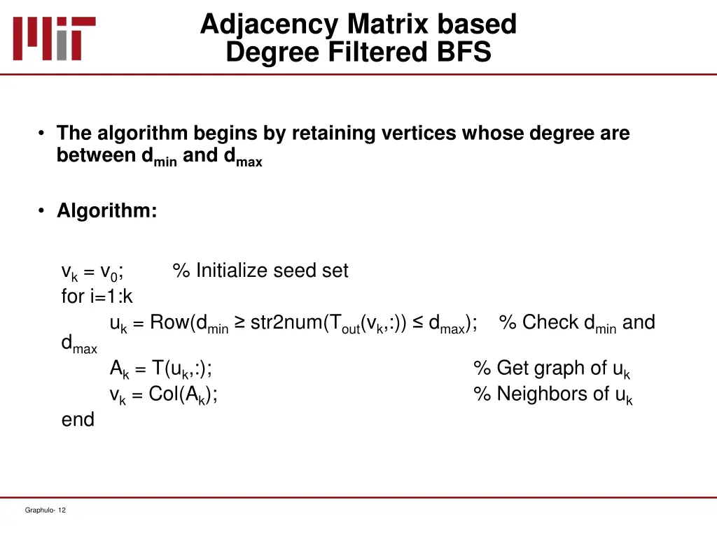 adjacency matrix based degree filtered bfs 1