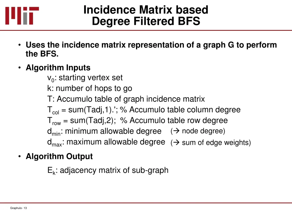 incidence matrix based degree filtered bfs