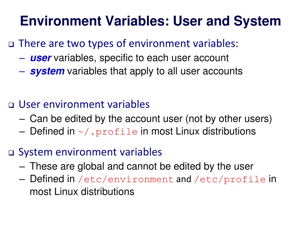 environment variables user and system