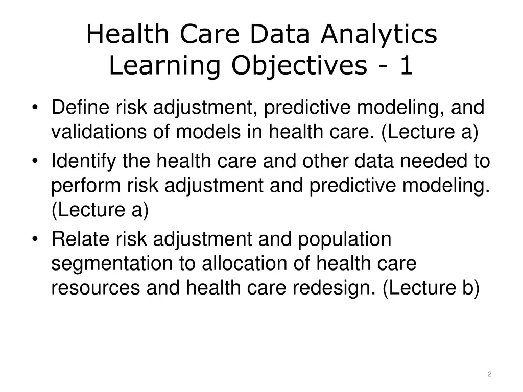 health care data analytics learning objectives 1