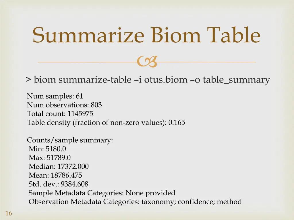 summarize biom table