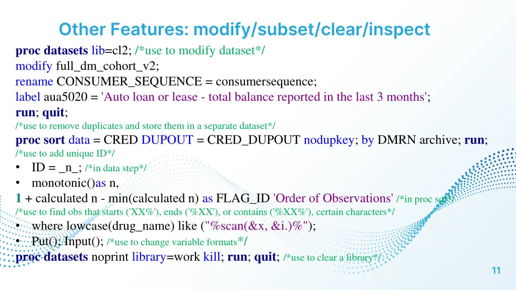 other features modify subset clear inspect proc