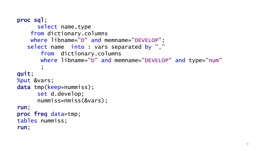 proc proc sql from dictionary columns where