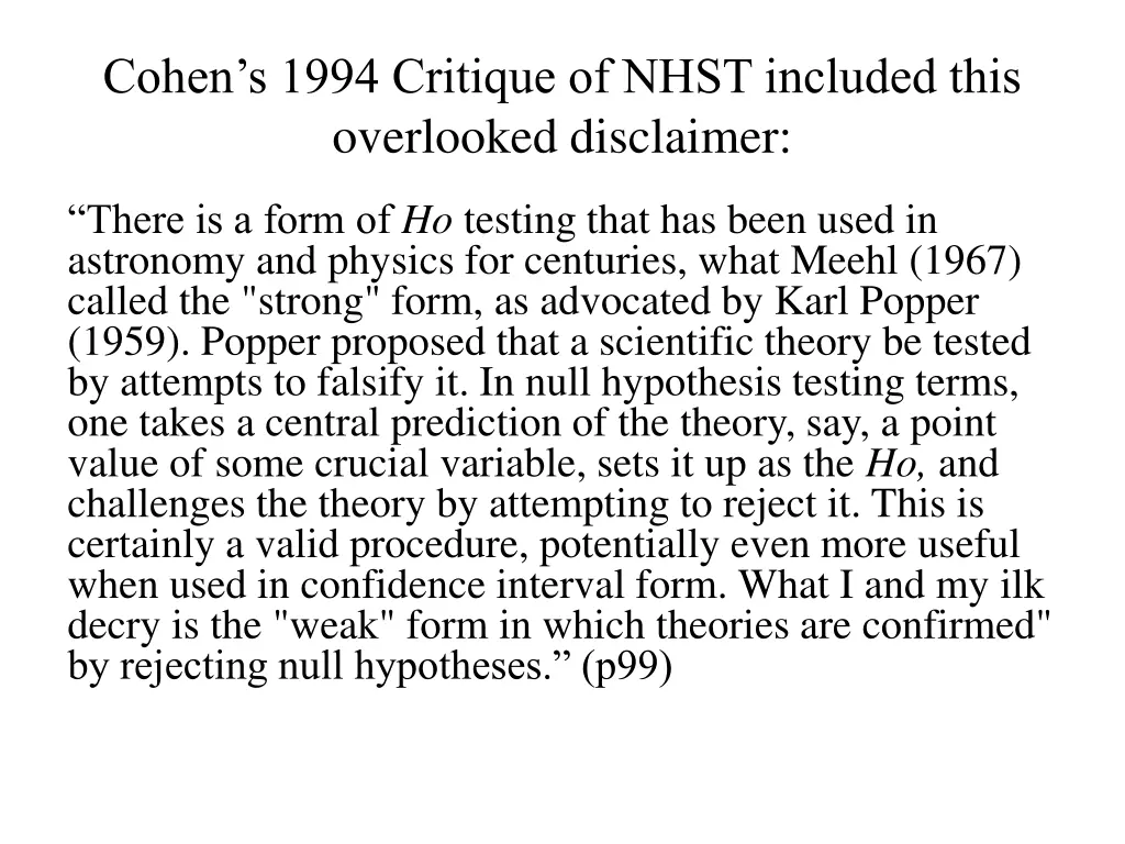 cohen s 1994 critique of nhst included this