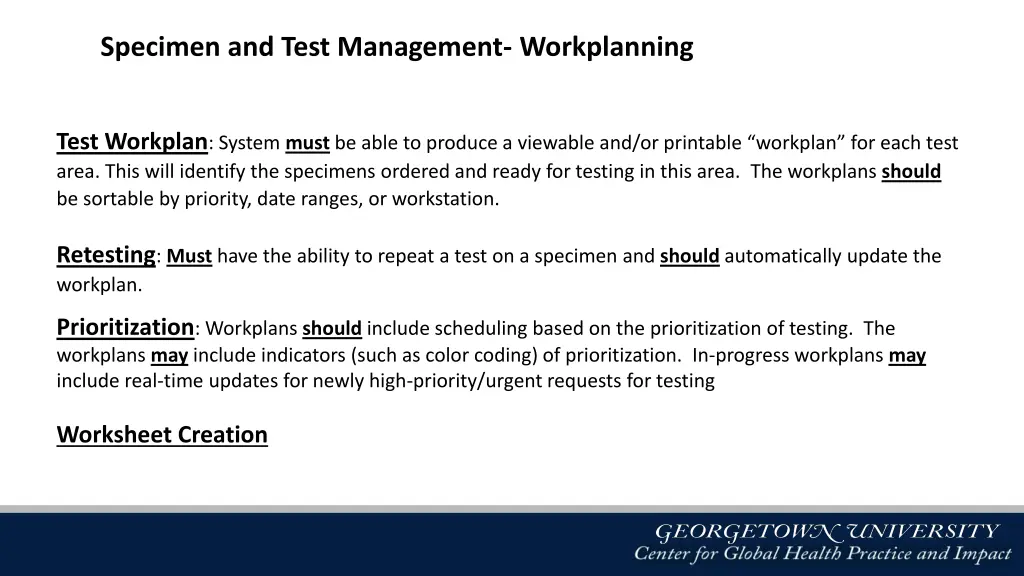 specimen and test management workplanning