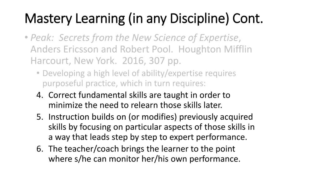 mastery learning in any discipline cont mastery