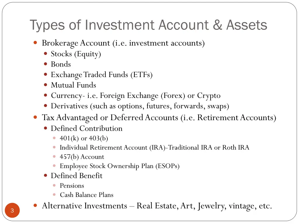 types of investment account assets
