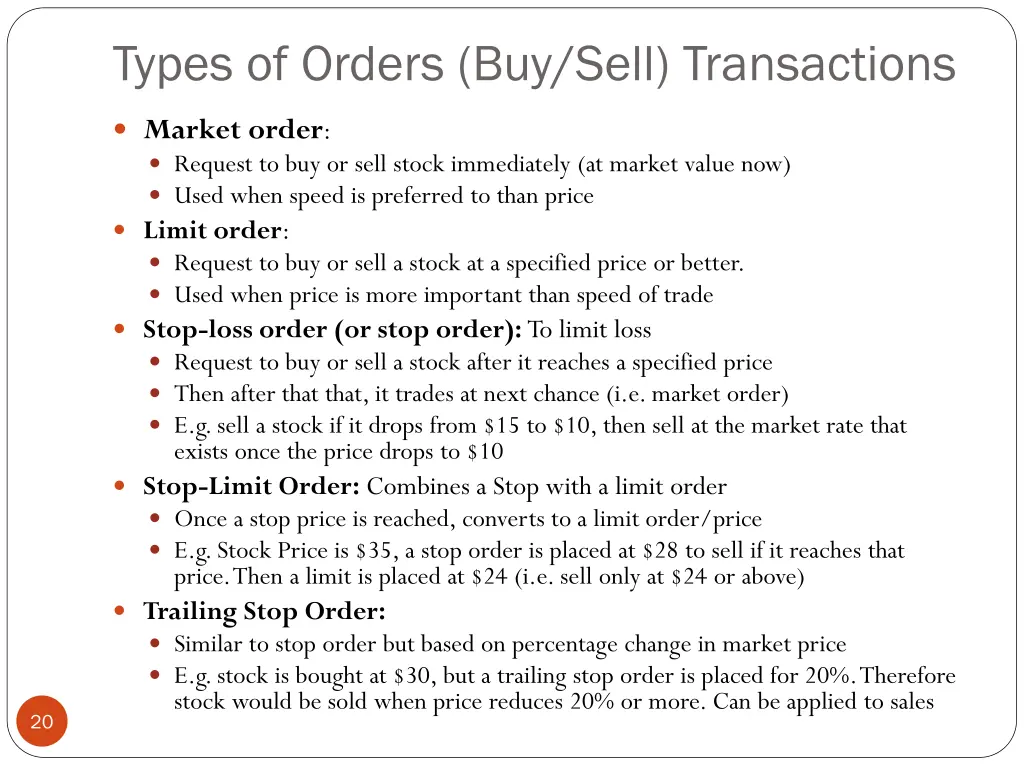 types of orders buy sell transactions