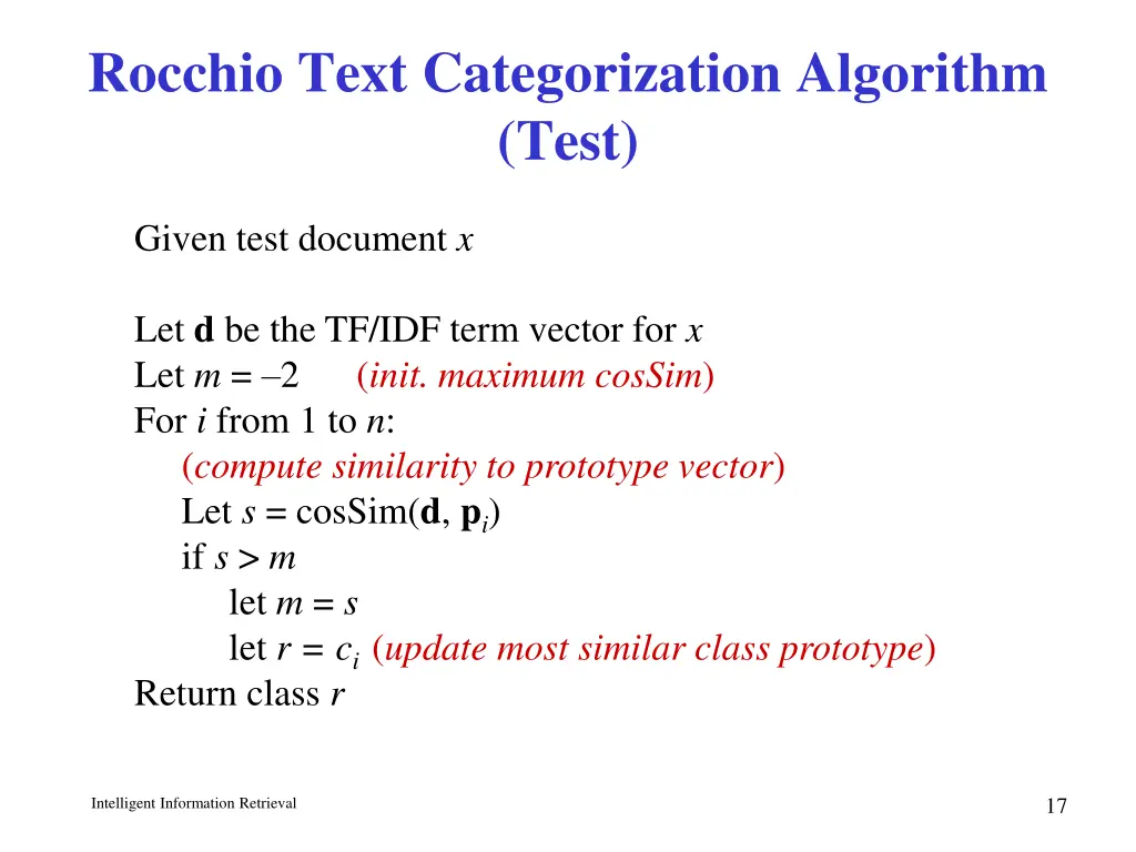 rocchio text categorization algorithm test