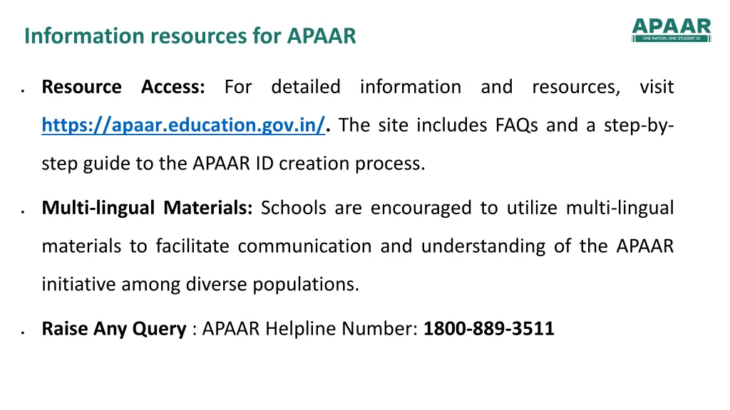 information resources for apaar