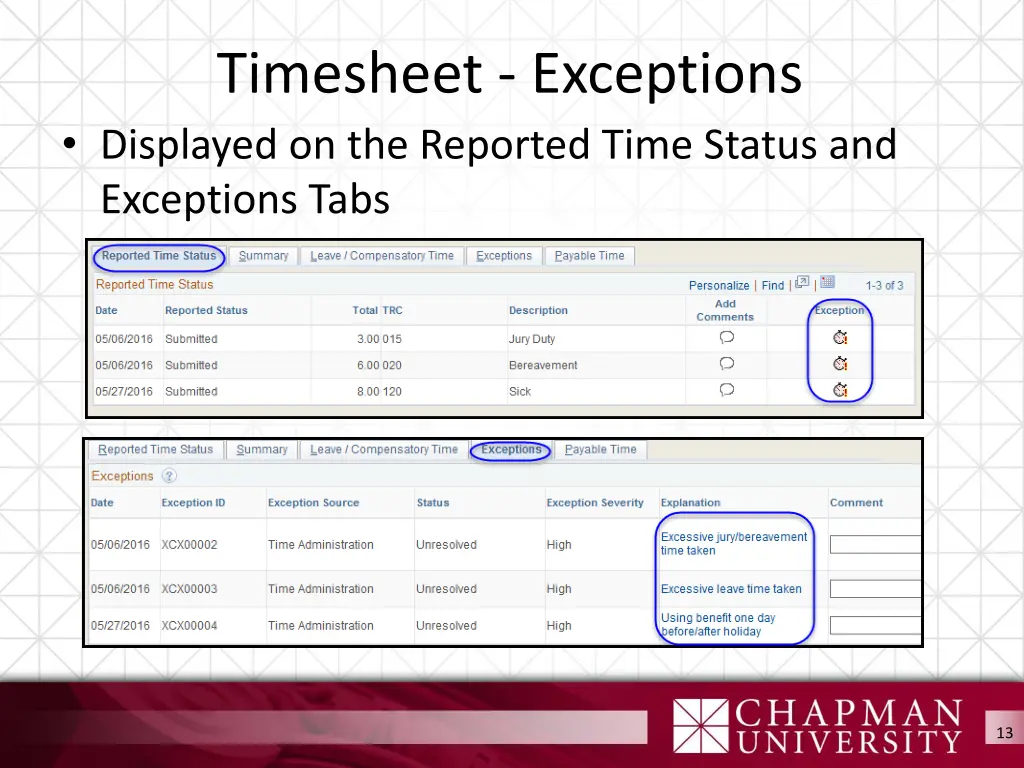 timesheet exceptions displayed on the reported