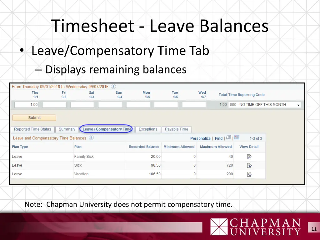 timesheet leave balances leave compensatory time