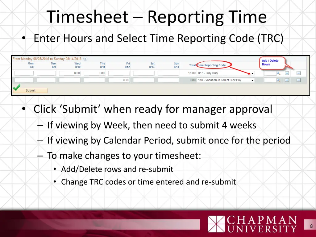 timesheet reporting time enter hours and select
