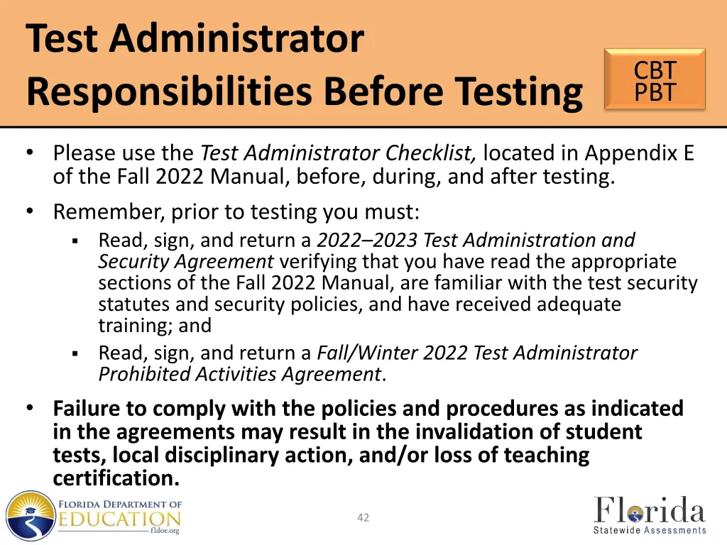 test administrator responsibilities before testing