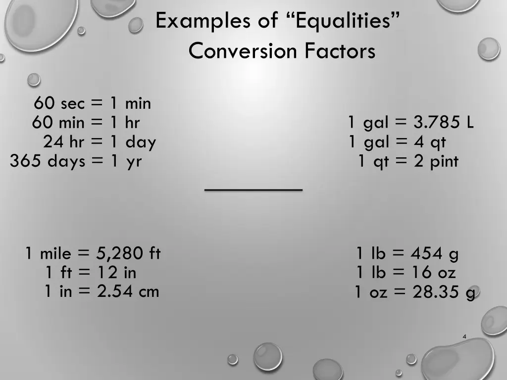 examples of equalities conversion factors