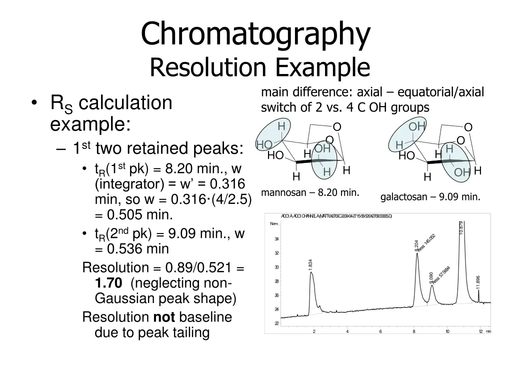 chromatography resolution example r s calculation