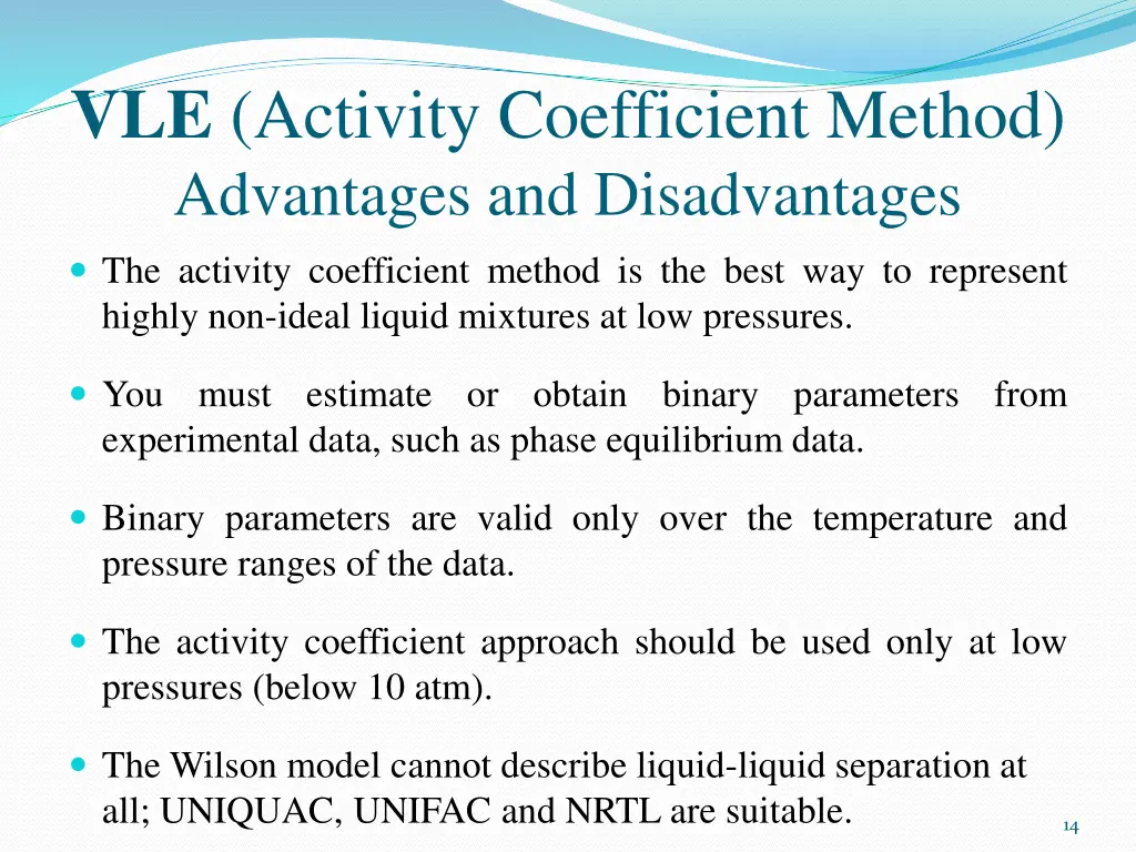 vle activity coefficient method advantages