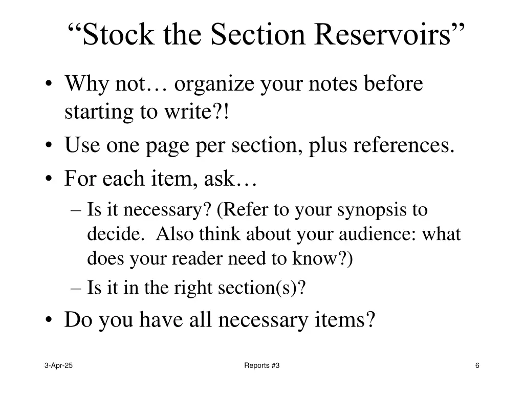 stock the section reservoirs