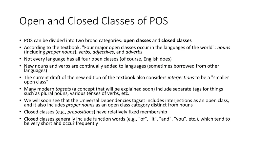 open and closed classes of pos