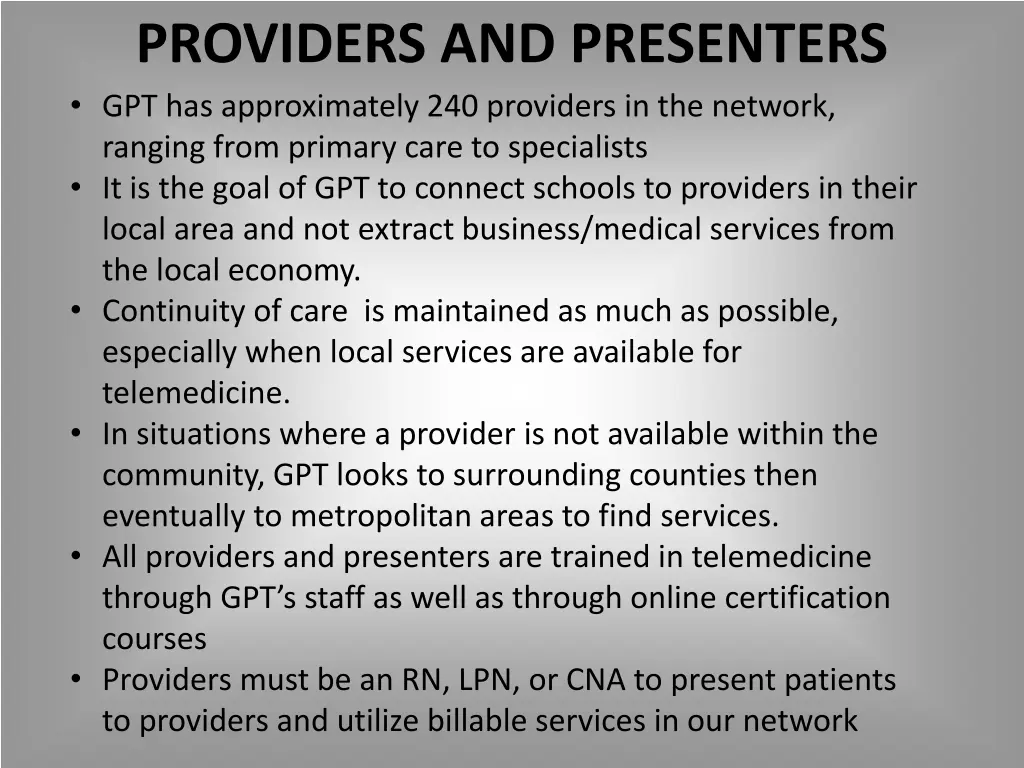 providers and presenters gpt has approximately
