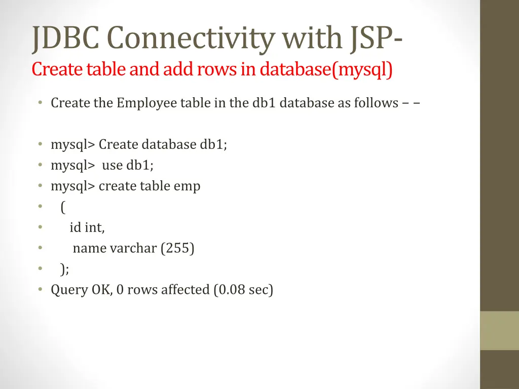 jdbc connectivity with jsp create table