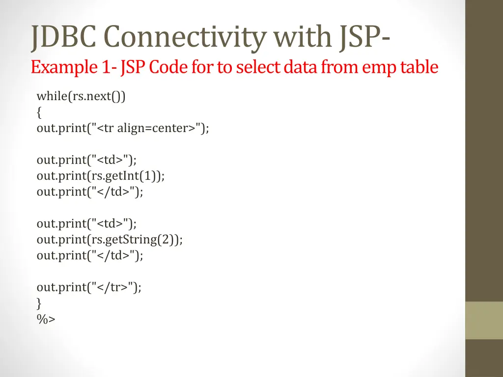 jdbc connectivity with jsp example 1 jsp code 1