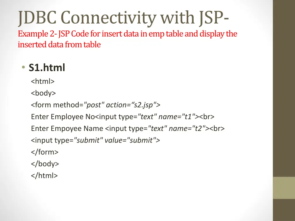 jdbc connectivity with jsp example 2 jsp code 1