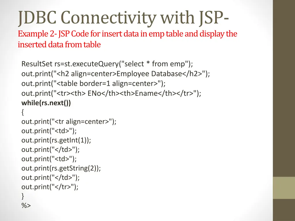 jdbc connectivity with jsp example 2 jsp code 3