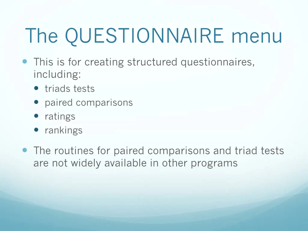 the questionnaire menu