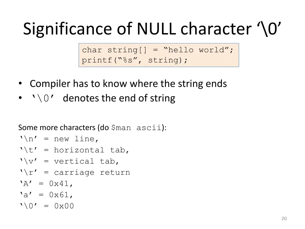 significance of null character 0