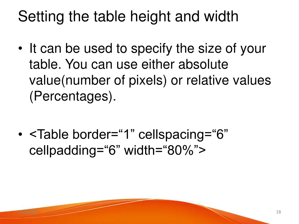setting the table height and width