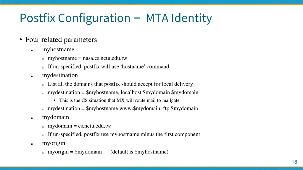 postfix configuration mta identity