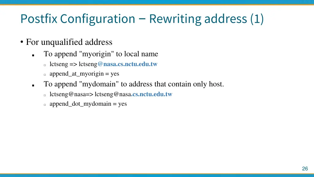 postfix configuration rewriting address 1
