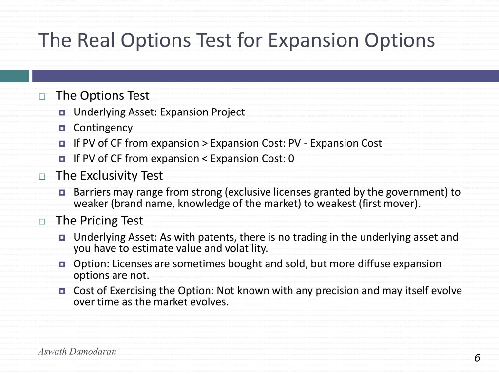 the real options test for expansion options