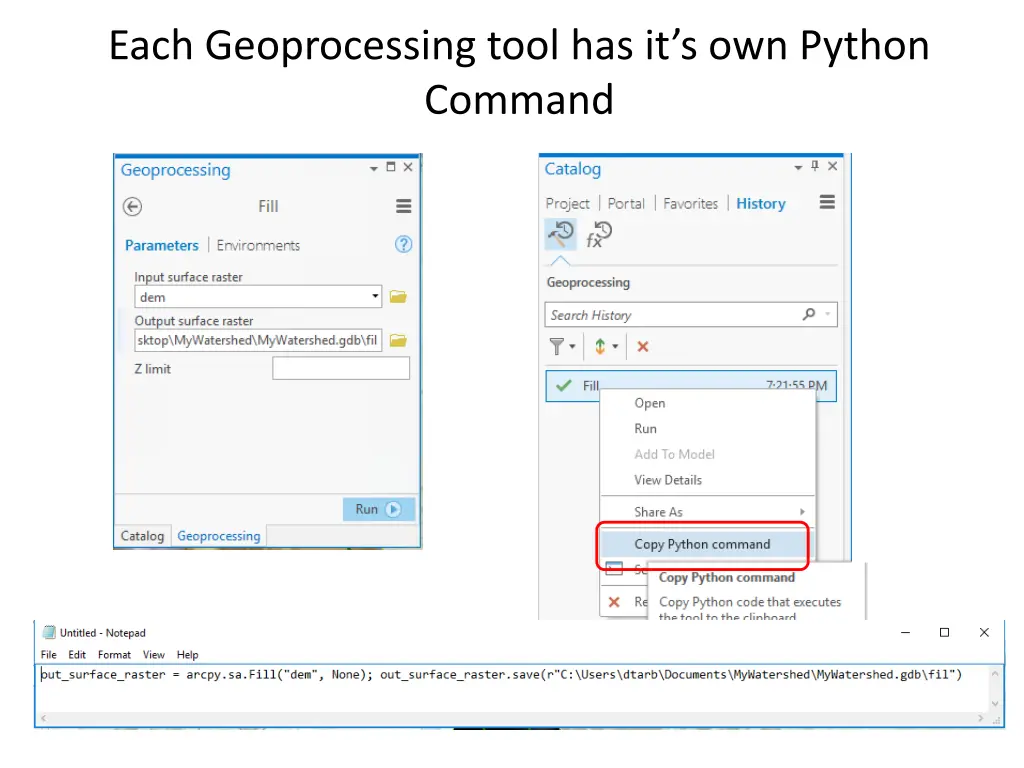 each geoprocessing tool has it s own python