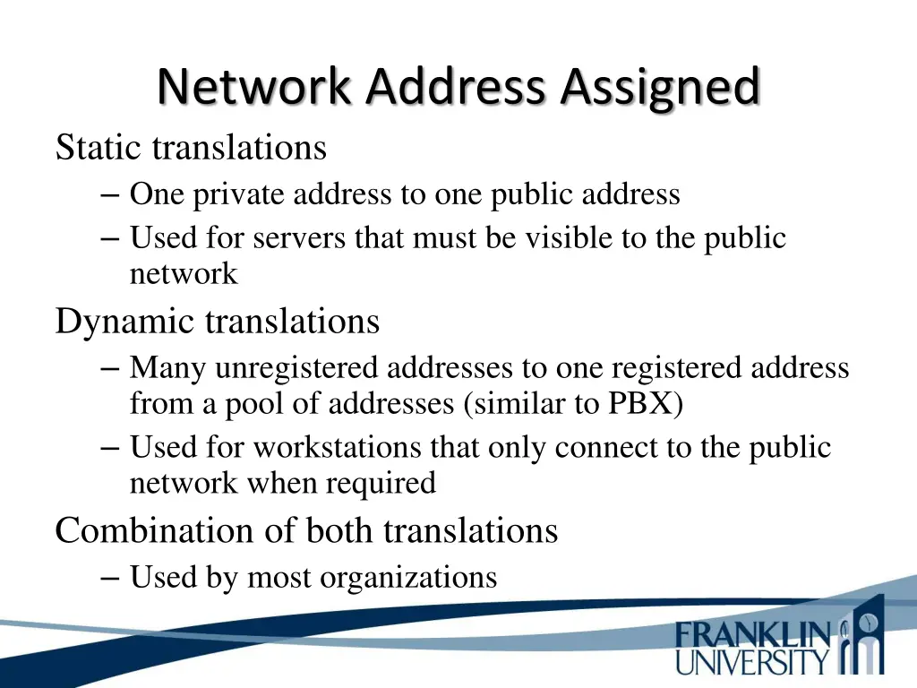 network address assigned static translations