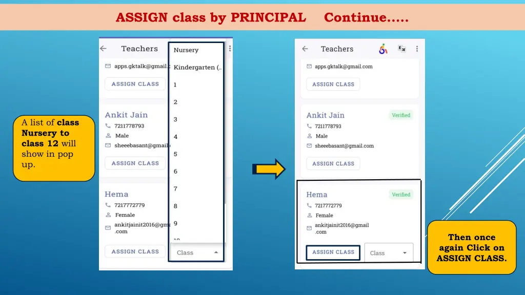 assign class by principal continue