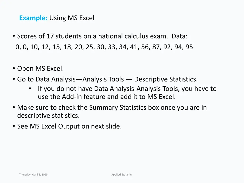 example using ms excel