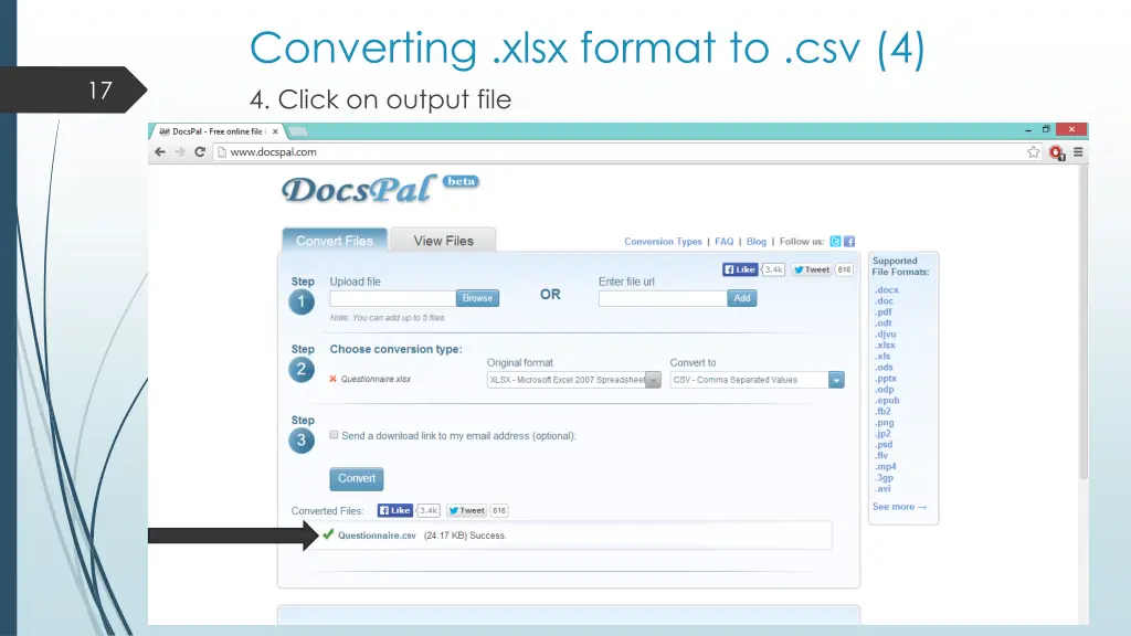 converting xlsx format to csv 4 4 click on output