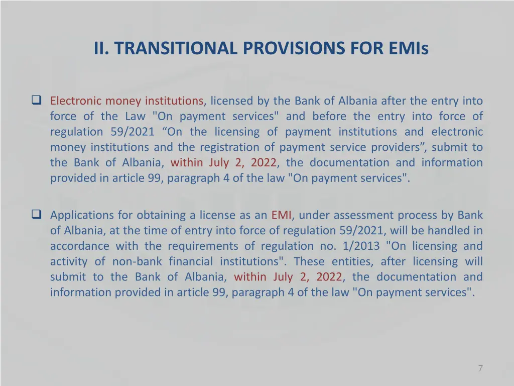 ii transitional provisions for emis