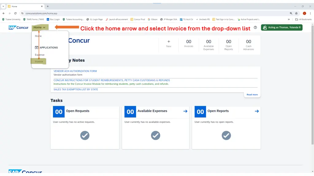 click the home arrow and select invoice from