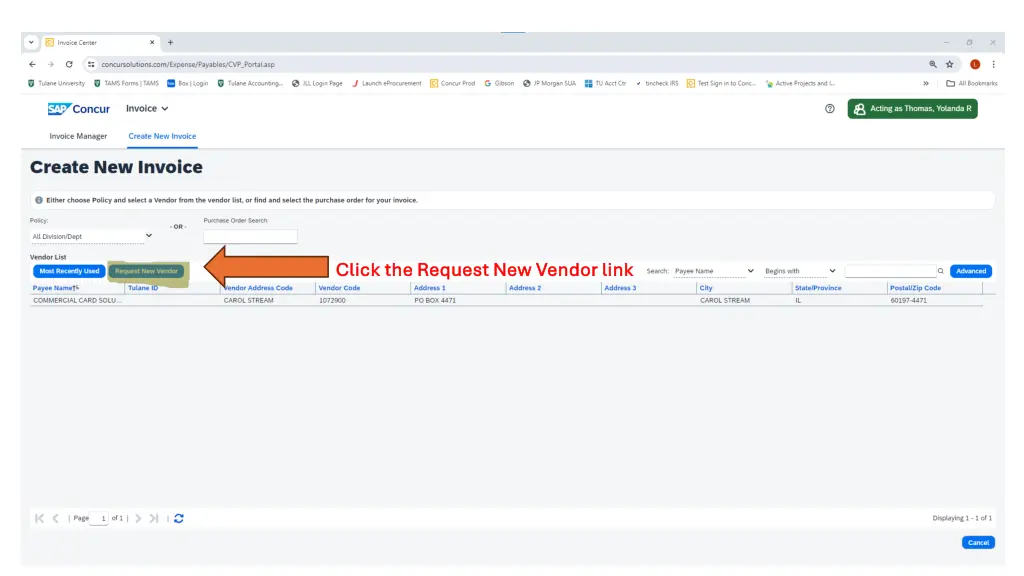 click the request new vendor link click